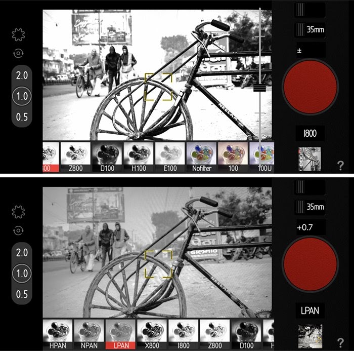 Giao diện ứng dụng Máy ảnh kích hoạt hiển thị hai trong số các bộ lọc