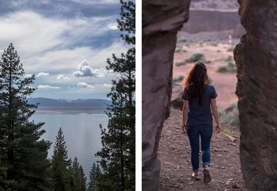Trong hình ảnh bên trái, cây cối làm khung cho nước, núi và mây. Trong hình ảnh bên phải, những tảng đá tạo khung ảnh cho người phụ nữ