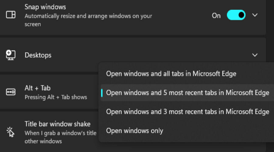 Hãy lựa chọn vào mục Open windows and 5 most recent tab in Microsoft Edge