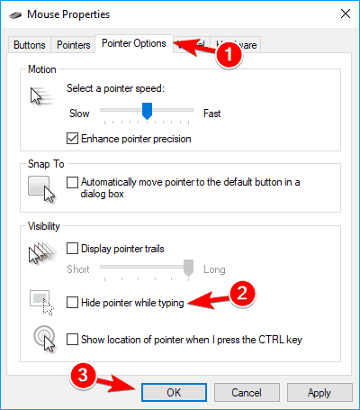 Nhấn tab Pointer options > Bỏ chọn Hide Pointer while typing > OK