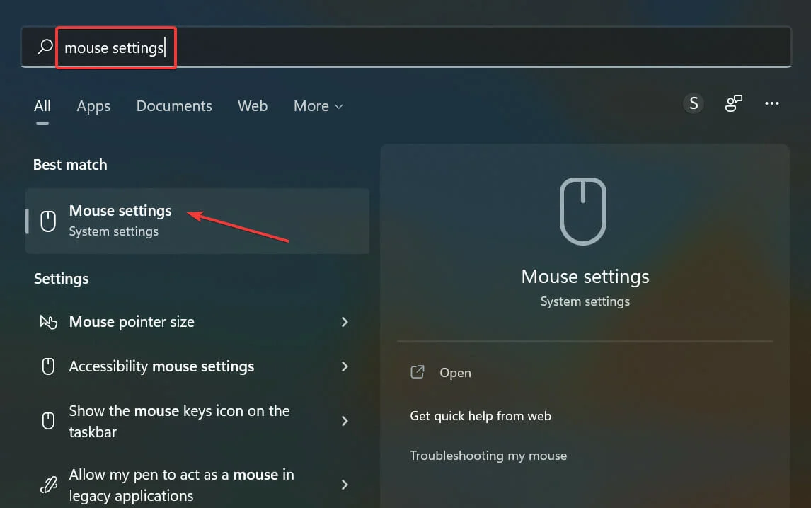 Vào Mouse Settings bằng cách nhấn Windows + S
