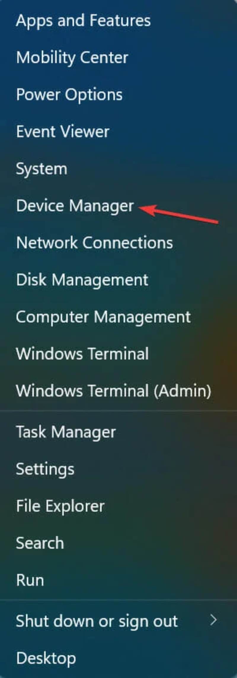 Chọn Device Manager từ menu Power User