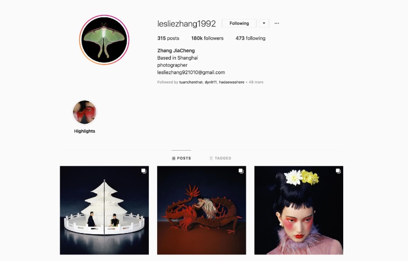 Instagram @lesliezhang1992 - Một trong những cái tên nổi bật với những bức hình nghệ thuật