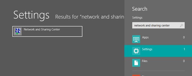 Nhập “ Network and Sharing Center" vào khung tìm kiếm của cài đặt