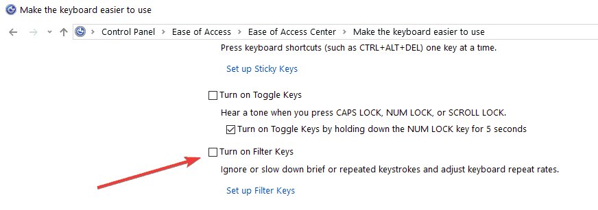 Bỏ chọn tùy chọn Turn on Filter Keys
